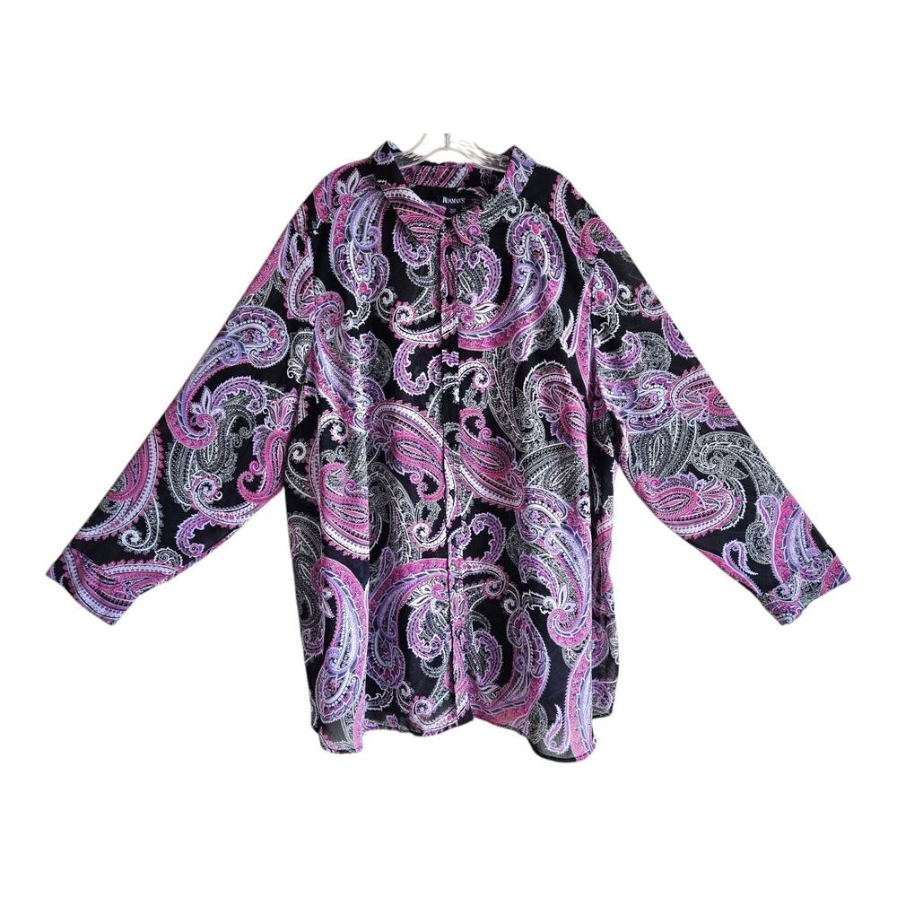 ROAMAN'S Women Plus 34 W Tunic Blouse Buttons Paisley Black Pink Semi Sheer 62"